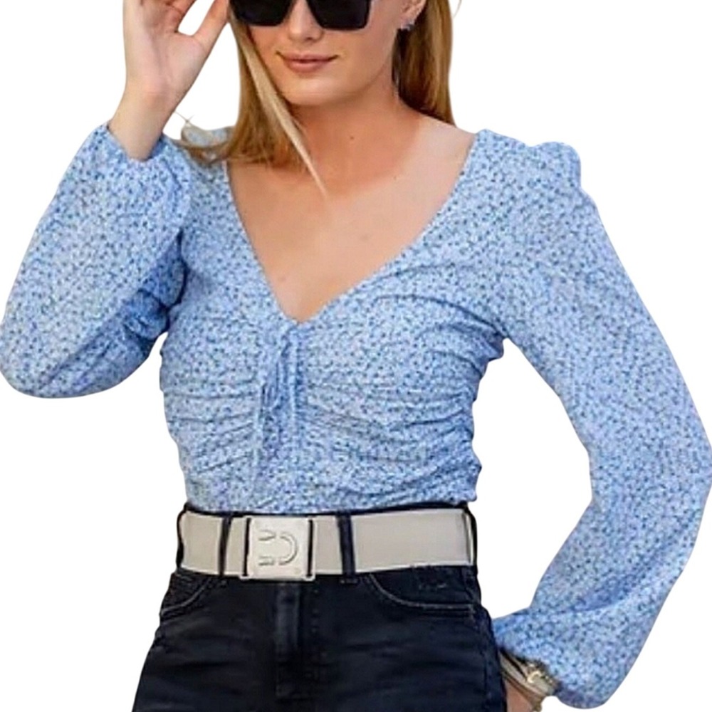 H&M Blue Floral Rushed Long Sleeve Cropped Ruffle Blouse Top Size L Cottagecore
